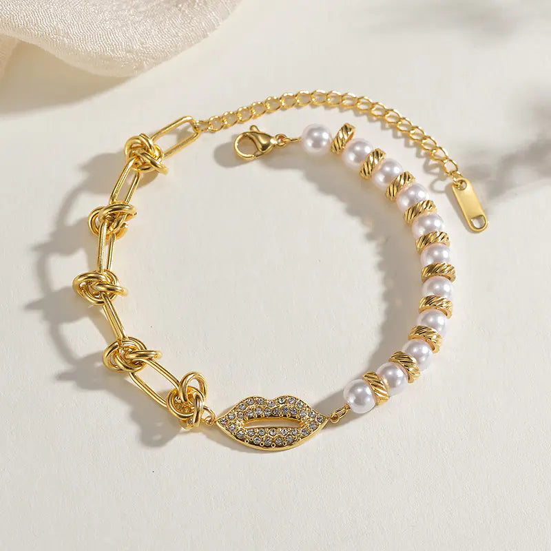 Diamond Pearl Back-shaped Knotted Chain Bracelet in Steel