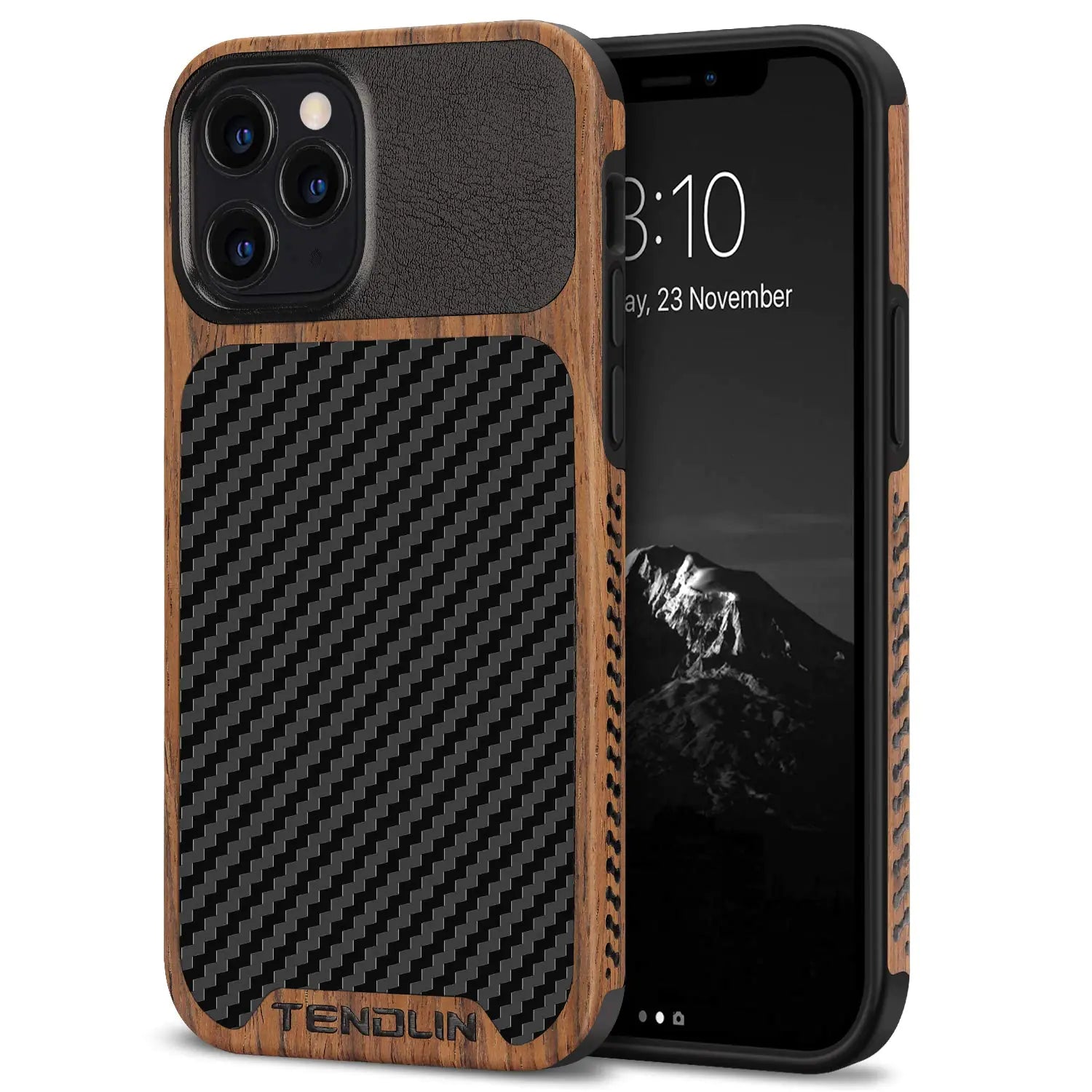 TENDLIN Compatible with iPhone 12 Case/iPhone 12 Pro Case Wood Grain with Carbon Fiber Texture Design Leather Hybrid Case Black
