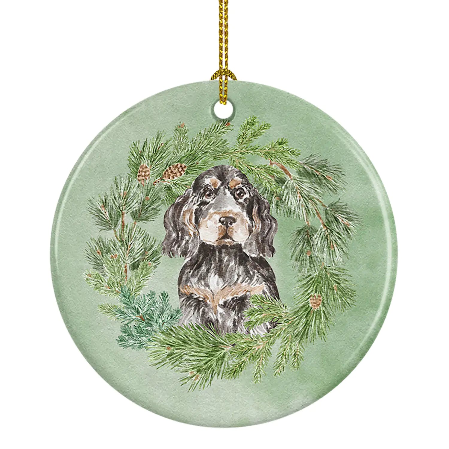 Cocker Spaniel Black Tan Christmas Wreath Ceramic Ornament
